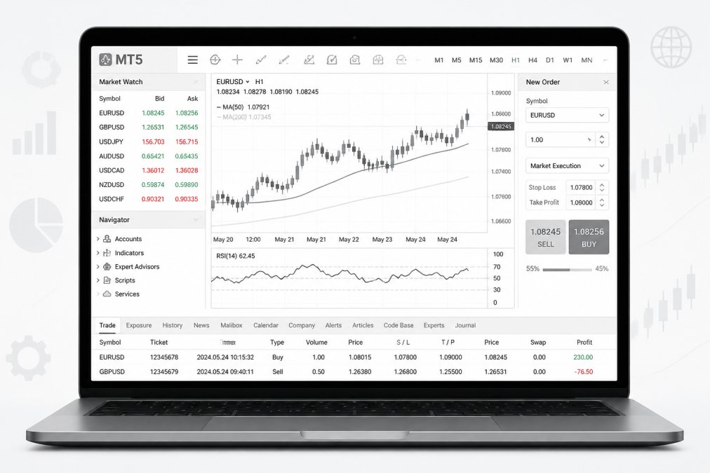 Laptop screen displaying MetaTrader 5 interface with candlestick charts, technical indicators including moving averages and RSI, and order entry panel with buy/sell buttons