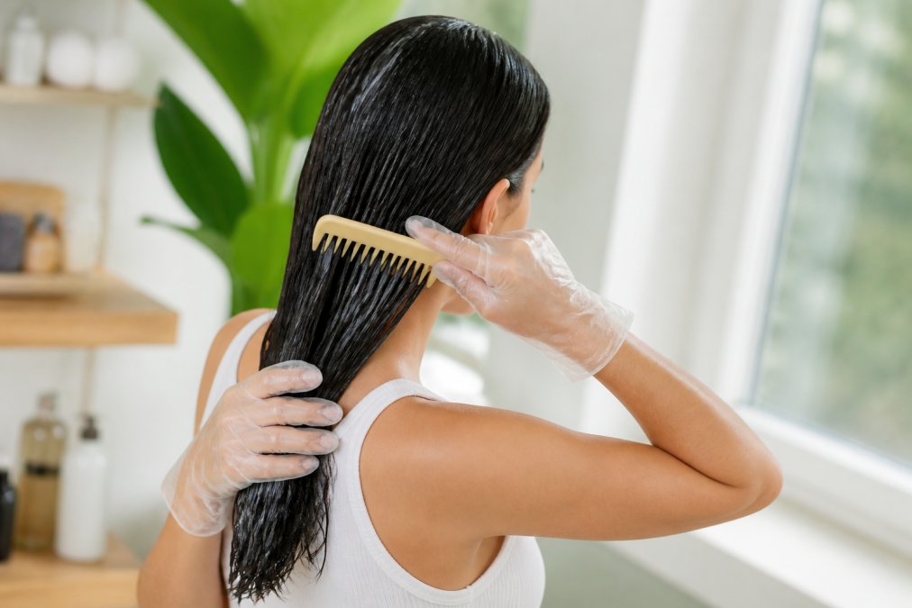 Person applying keratin treatment to their hair at home, working the product through damp hair strands with a wide-tooth comb, with natural daylight from a window