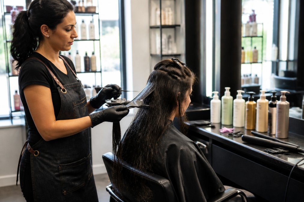 A professional hair stylist applying a smoothing treatment to a client's long dark hair in a well-lit modern salon, with labeled product bottles arranged on the station counter beside a flat iron and sectioning clips
