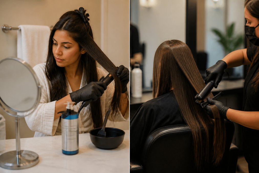 A woman carefully applying a keratin smoothing treatment to sections of her own hair using a flat iron, with a product bottle and handheld mirror visible on a white bathroom counter under warm lighting