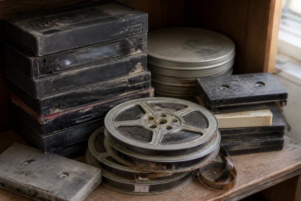 Stacked collection of degraded VHS tapes, film reels, and magnetic media showing visible dust accumulation, tape warping, and oxidation damage on a wooden shelf with natural window lighting