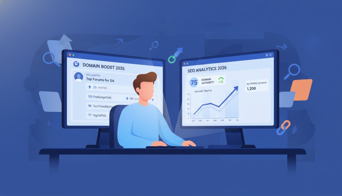 A person sitting at a modern desk with dual monitors, one screen displaying an active online forum thread with replies and upvotes visible, the other showing an SEO analytics dashboard with an upward-trending organic traffic graph, warm office lighting, shallow depth of field