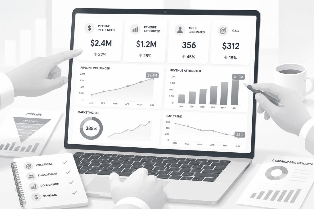 Hands pointing at laptop screen showing marketing performance metrics and dashboard data during business meeting