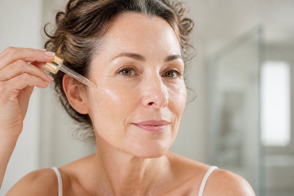Close-up of a woman with sensitive skin gently applying a drop of serum to her cheek, soft natural lighting, neutral bathroom background