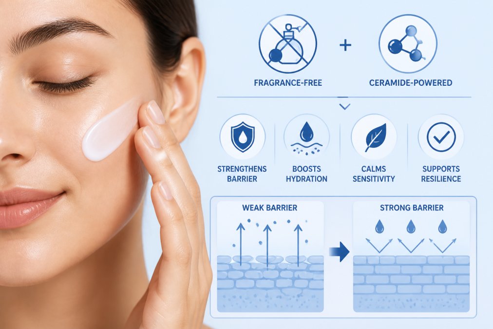 Close-up of a person's face showing calm, healthy skin texture with a ceramide moisturizer being gently applied to the cheek in soft natural morning light