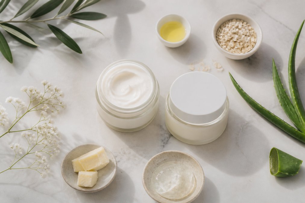Flat lay of Aeran Skincare ceramide moisturizers arranged with natural skincare ingredients on a light marble surface in soft natural lighting