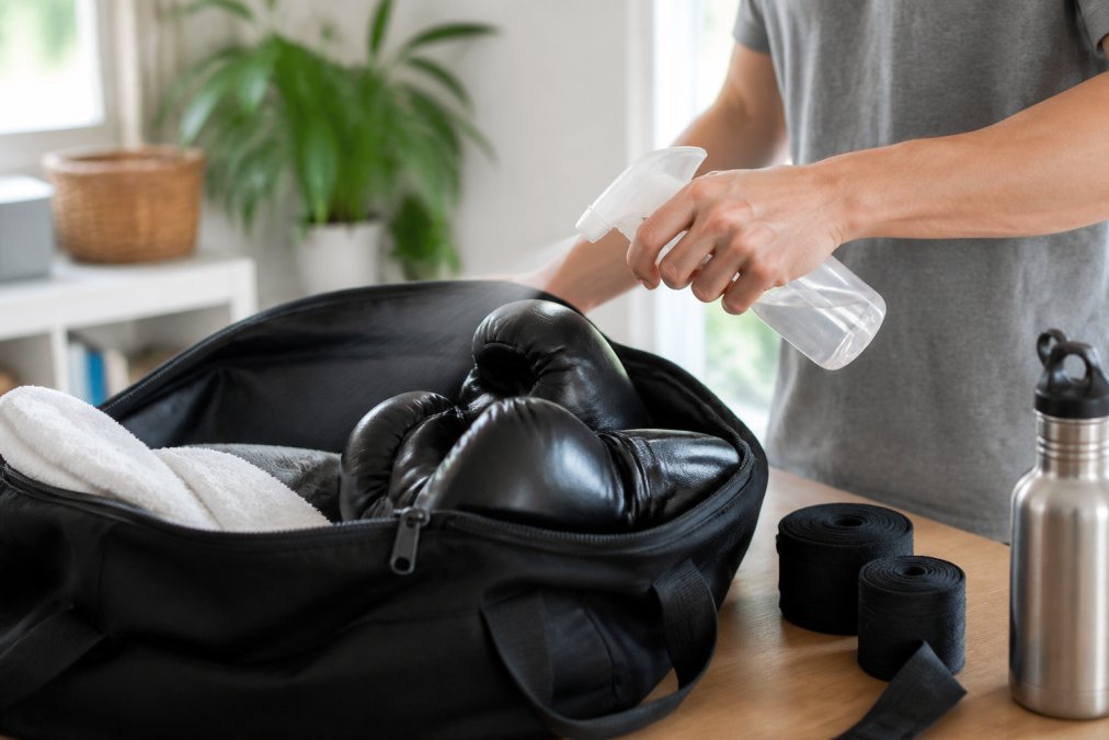 Close-up of Z-Spray bottle being applied to sports equipment and gym gear in a bright, clean home setting with natural lighting