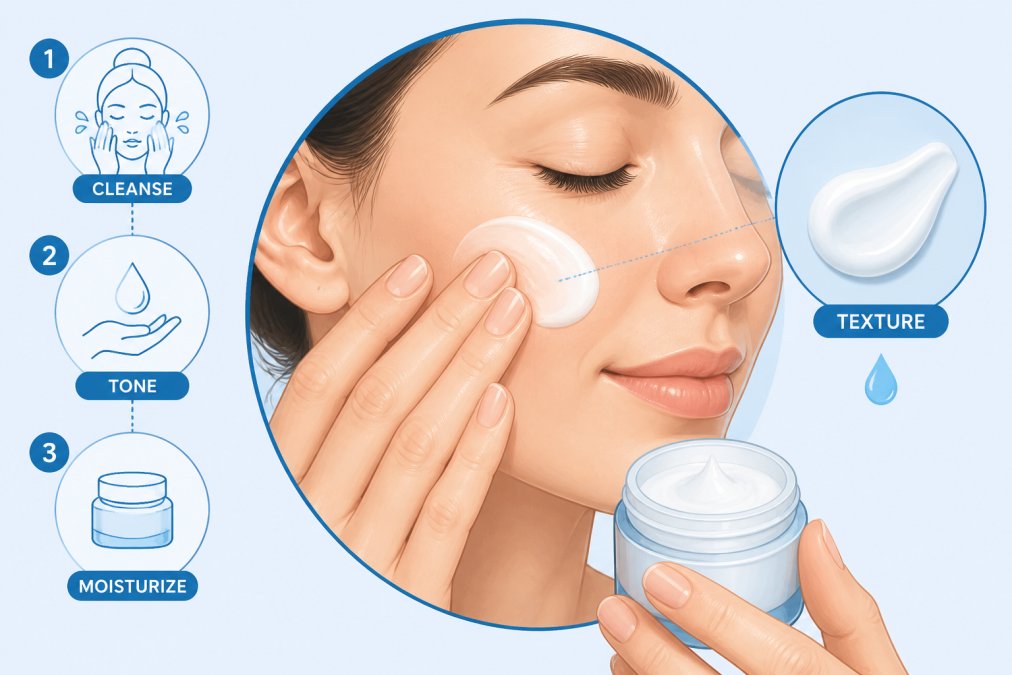 Close-up of a person's hands applying a fragrance-free moisturizer to clean facial skin, showing the texture and consistency of the product being gently patted into the skin