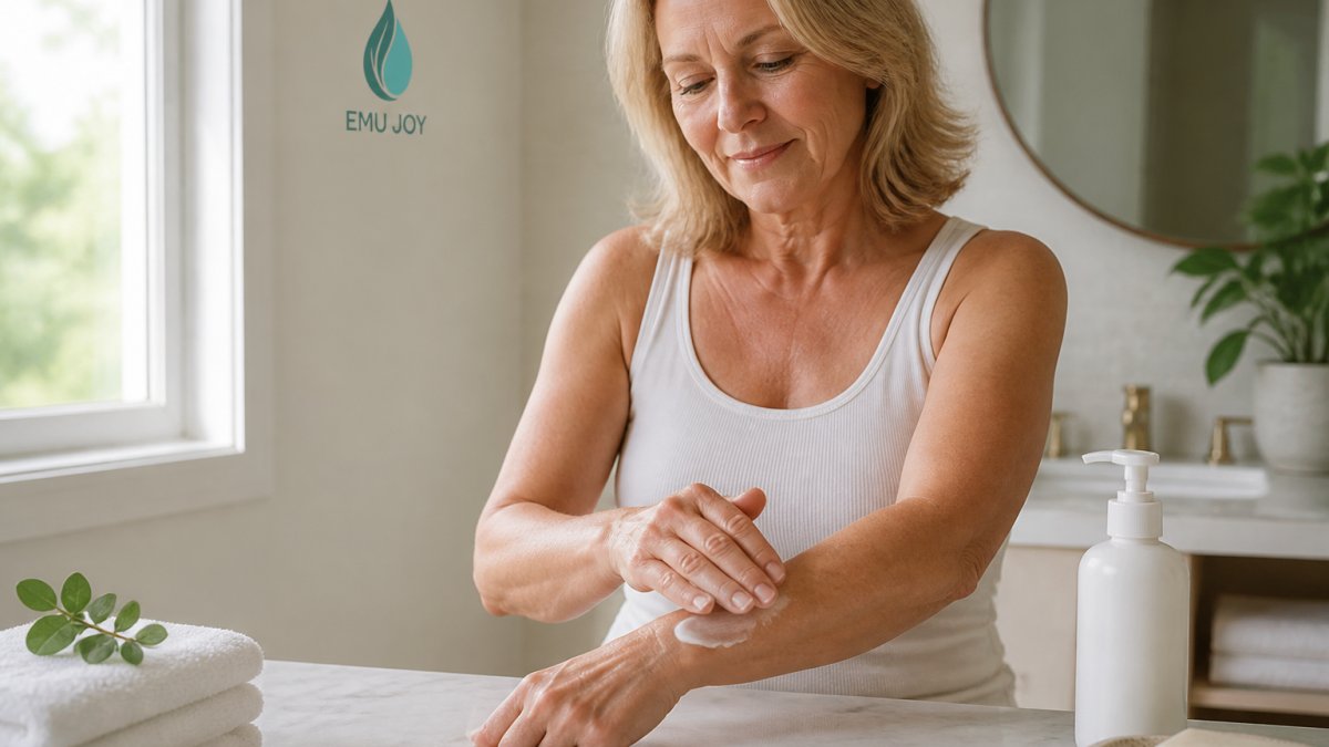 A woman in her 50s applying a small amount of cream to her forearm in a bright, clean bathroom, with a fragrance-free lotion bottle visible on the counter