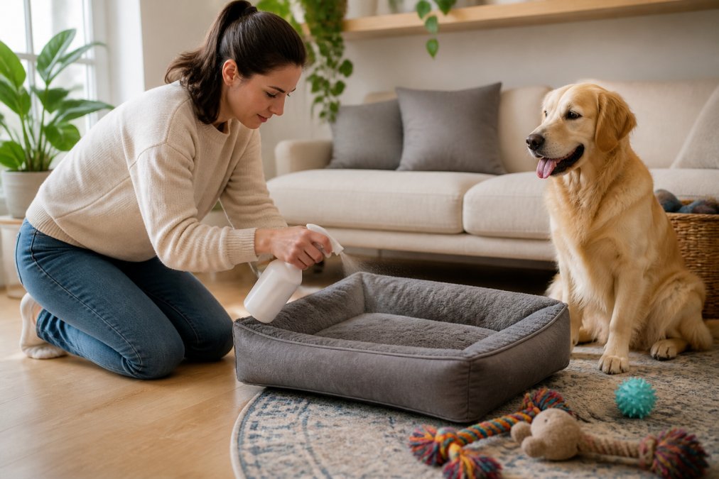 Pet owner spraying fragrance-free odor eliminator on dog bed in bright home setting with golden retriever nearby and toys visible