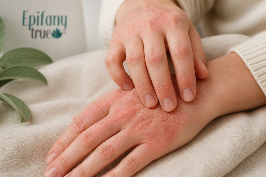 Infographic illustrating key signs of skin barrier damage like flaking and redness on hands
