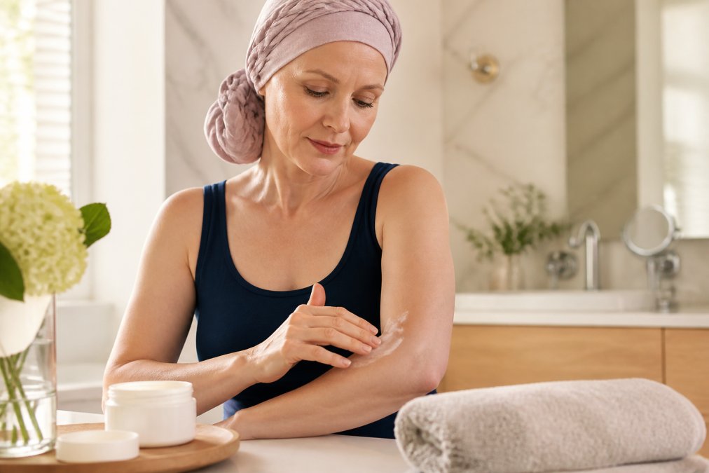 Woman gently applying fragrance-free skincare moisturizer to her arm in a sunlit bathroom during a self-care moment.
