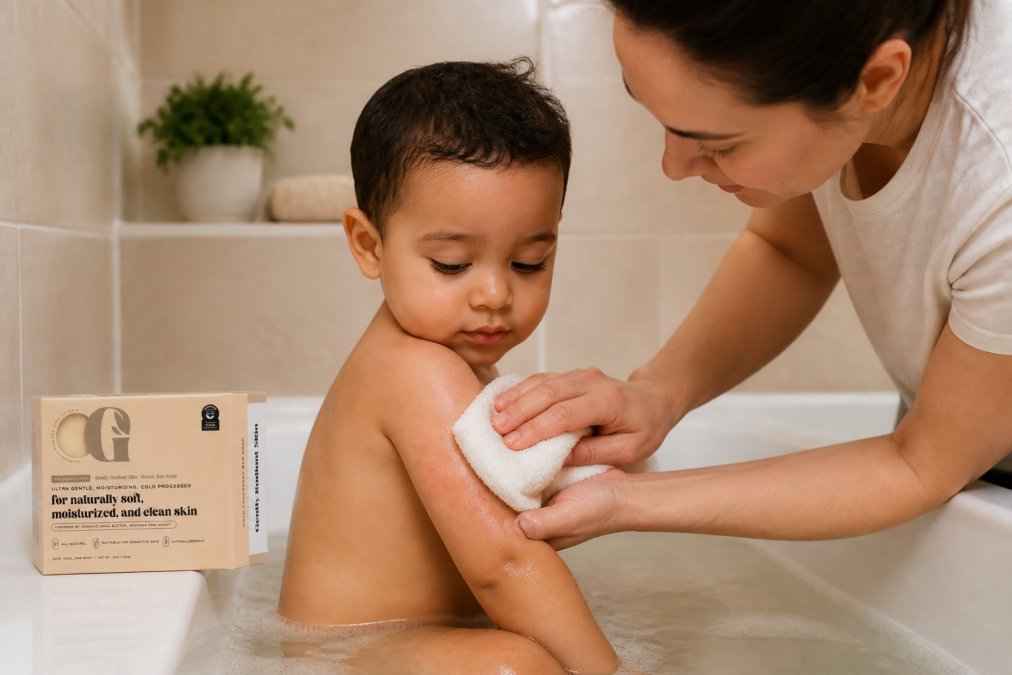 Parent gently bathing a young child with mild eczema using a soft washcloth and fragrance-free soap in warm water, showing tender care and proper technique