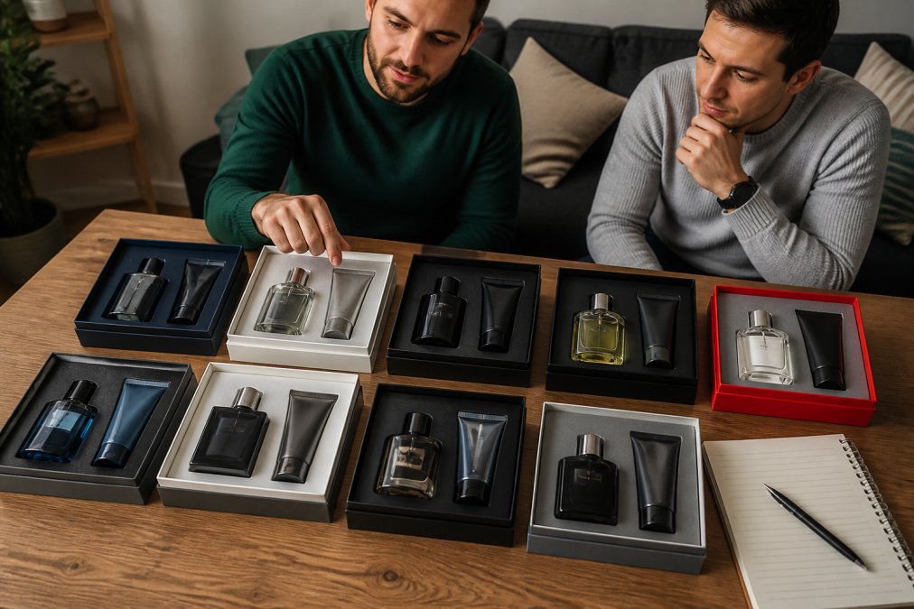 Comparison chart of ten cologne gift sets laid out on a wooden table with a notebook and pen for review