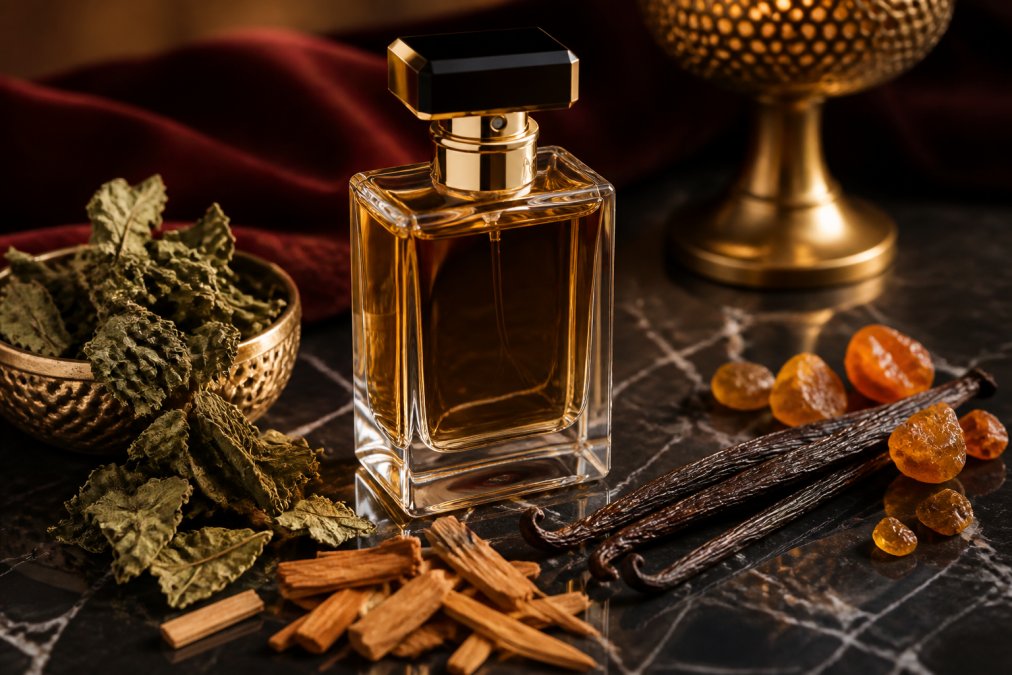 Luxury perfume bottle on dark marble with patchouli, sandalwood, vanilla, and amber resin in warm light