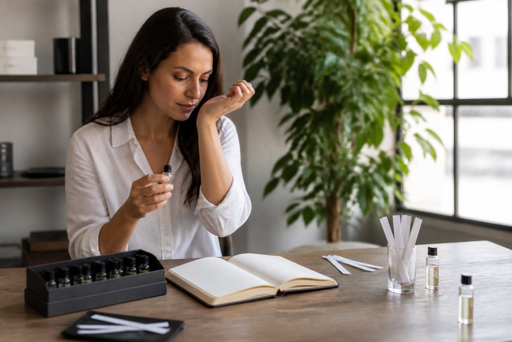 Person carefully testing fragrance samples on their wrist, examining the scent with a thoughtful expression in natural morning light near a window