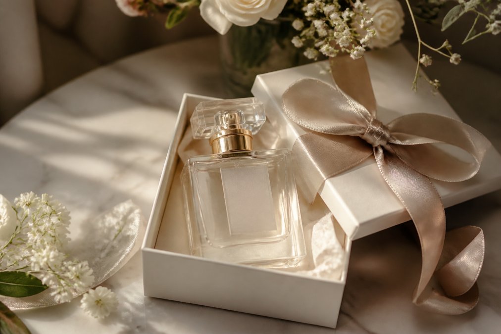 Elegantly wrapped fragrance gift box with personalized engraving or custom labeling, displayed on a refined surface with subtle floral decoration and soft lighting