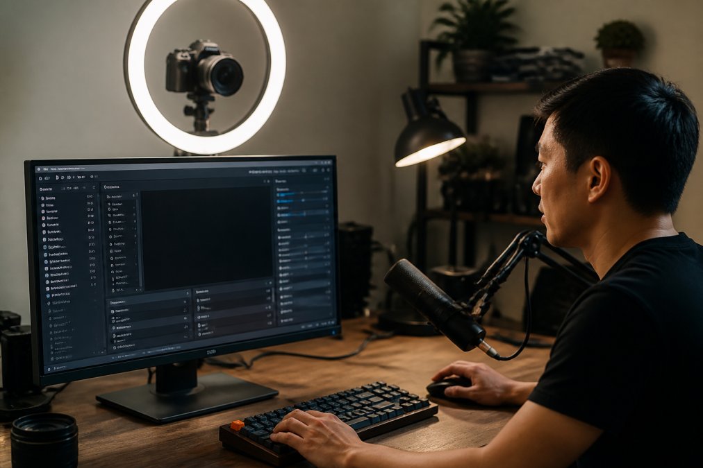 A streamer seated at a desk with a professional webcam mounted on a ring light, looking at a second monitor displaying broadcasting software with encoder settings visible