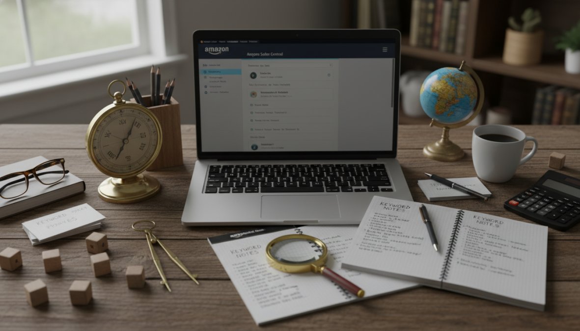 A focused e-commerce seller sitting at a wooden desk, laptop open to an Amazon Seller Central dashboard, handwritten keyword notes on a notepad beside the laptop, warm desk lamp illuminating the scene