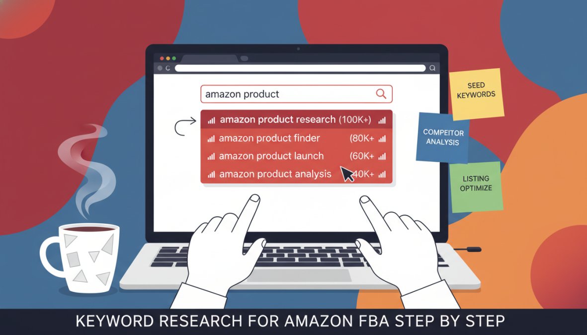 Close-up of hands typing on a laptop keyboard with browser open showing Amazon search bar autocomplete suggestions, a coffee mug and sticky notes visible in soft background blur, natural window light