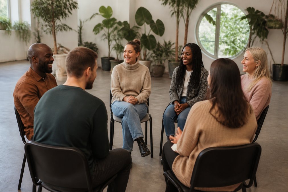 Diverse group of people sitting in a circle in a bright, welcoming community space, smiling and engaged in conversation, representing accountability, shared personal growth, and mutual support