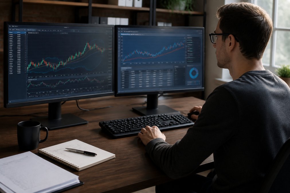 Trader sitting at desk with dual monitors displaying historical price charts, candlestick patterns, and backtesting performance metrics on screen