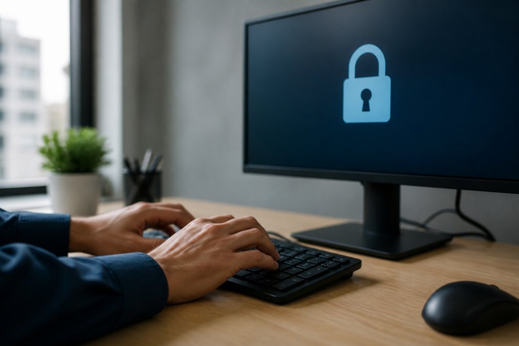 Close-up of hands typing on keyboard with security lock icon visible on computer monitor screen, representing secure API key management and encrypted login