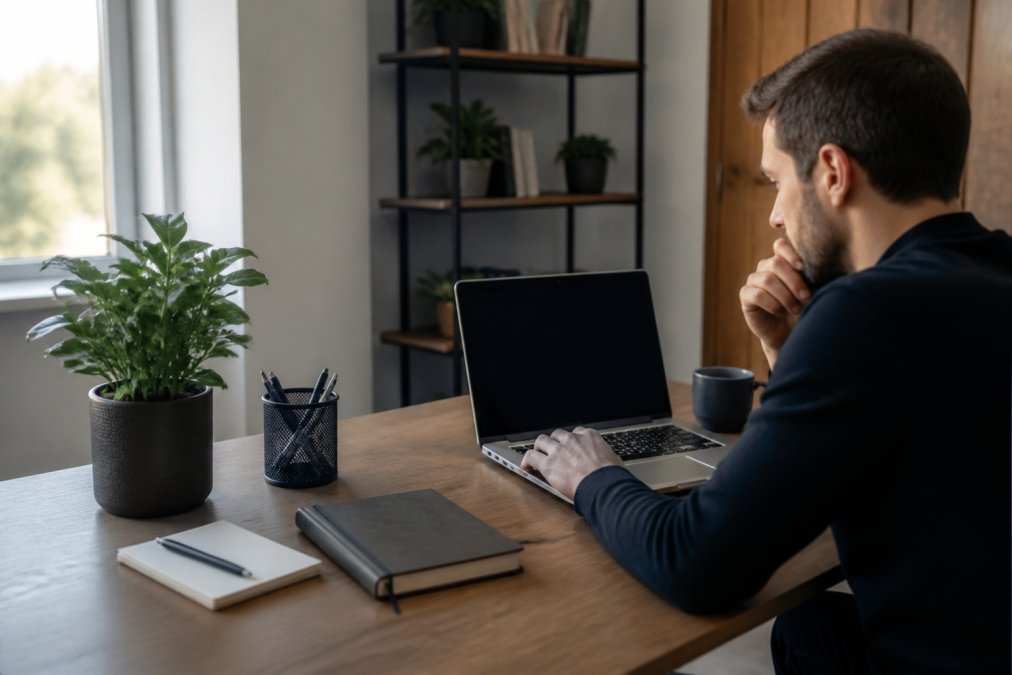 Person reviewing free dark web scan results on a laptop in a modern home office
