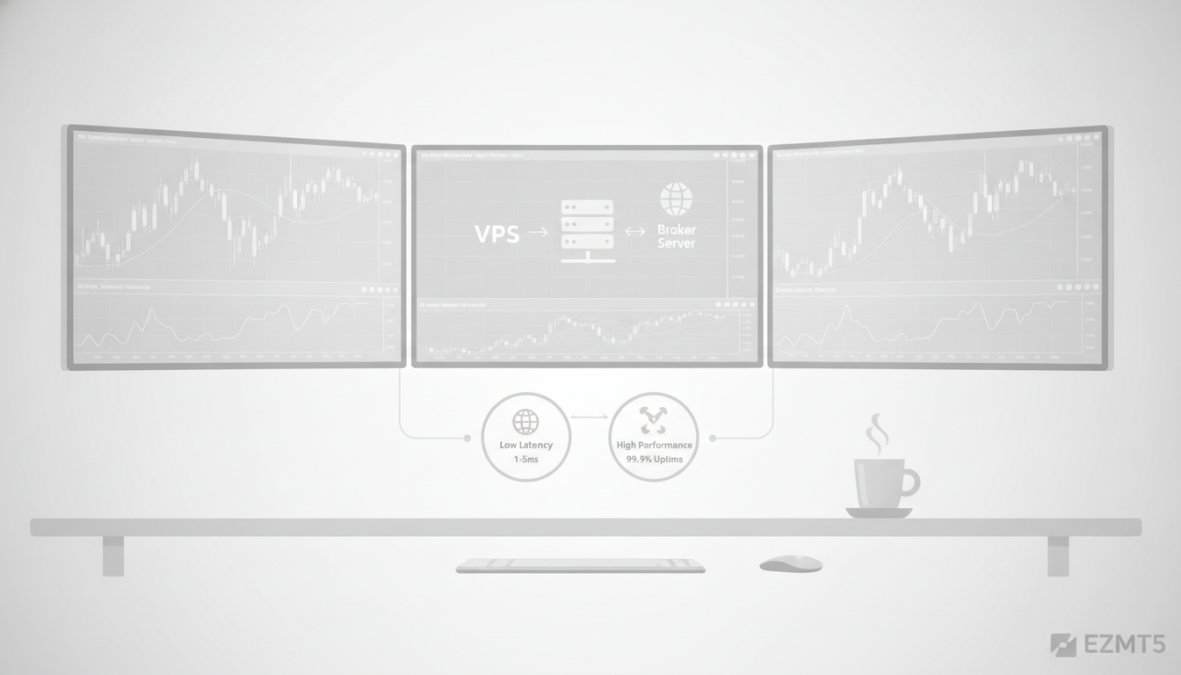Professional trader's desk setup with multiple monitors displaying MetaTrader 5 charts and real-time market data, showing live trading environment with keyboard, mouse, and coffee cup in natural office lighting