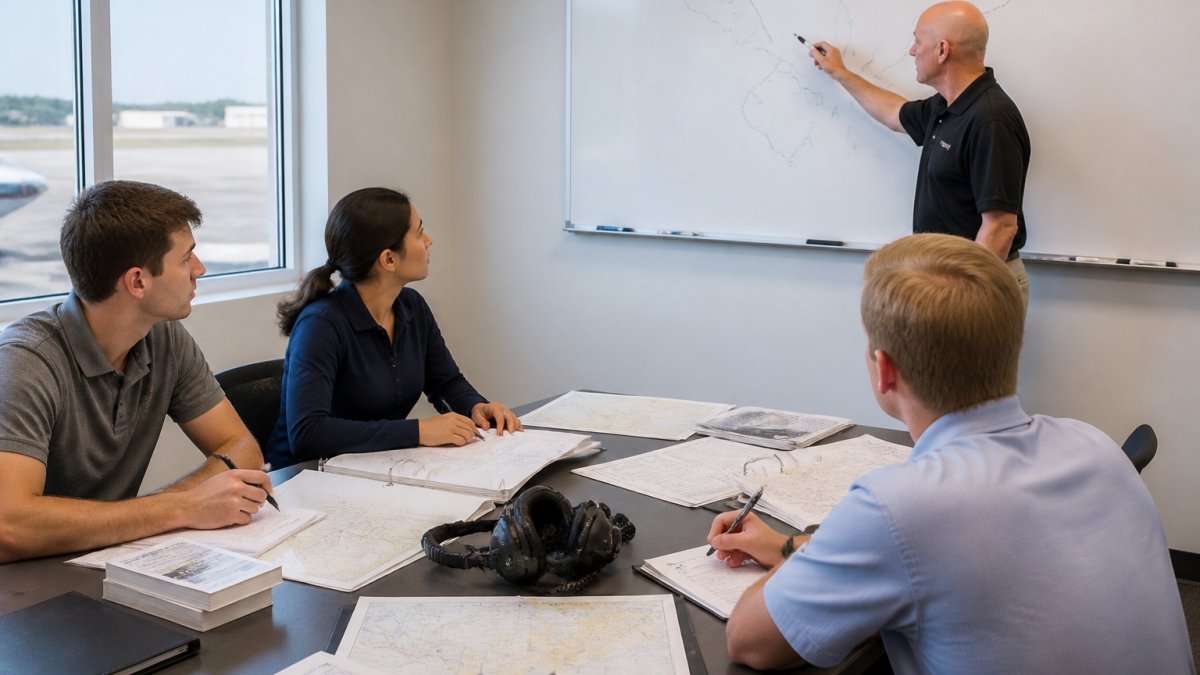 A small group of student pilots in a bright classroom reviewing flight planning documents with an instructor at a whiteboard, laptops and study materials on the table