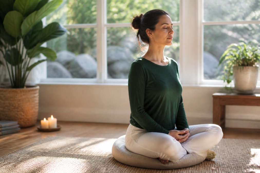 Person sitting peacefully on a meditation cushion in a sunlit room with natural light streaming through large windows, eyes closed, shoulders relaxed, practicing mindfulness with a serene expression