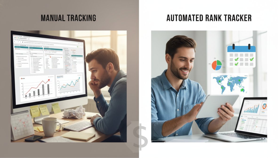 Comparison table showing the number of keywords tracked, update frequency, and data sources for free vs paid rank tracker tools