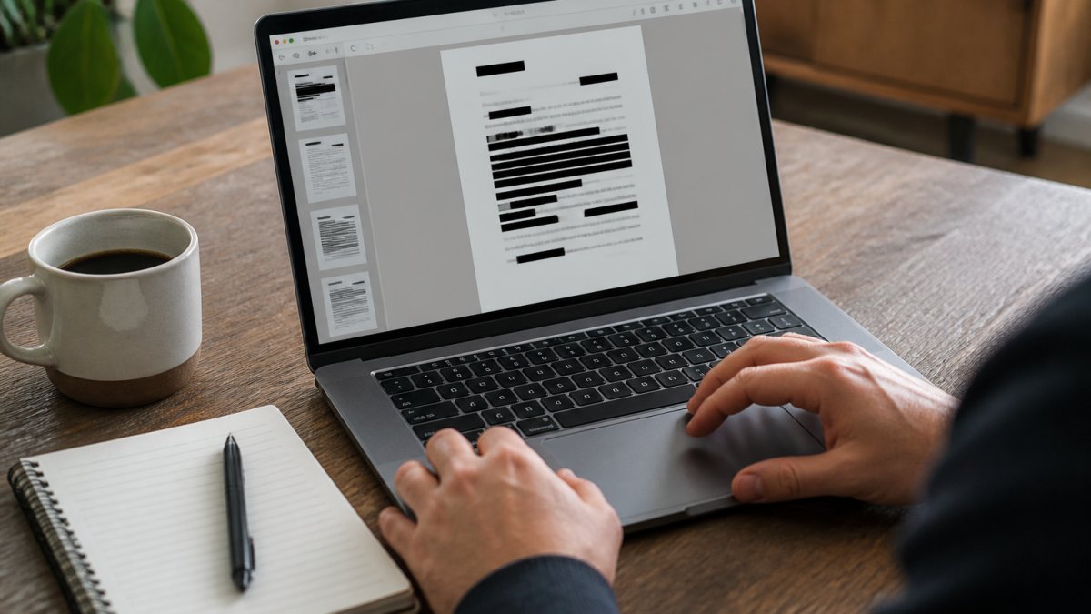 Close-up of a person's hands using a laptop at a tidy desk, a PDF document with blacked-out sections visible on screen, notebook and coffee beside the keyboard