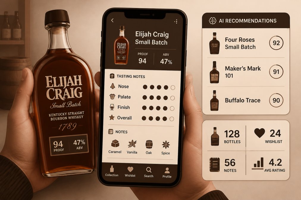 Collector's hand holding a bourbon bottle while viewing Bourbon Tracker™ interface on smartphone, showing bottle details, tasting notes, and AI recommendation suggestions on screen