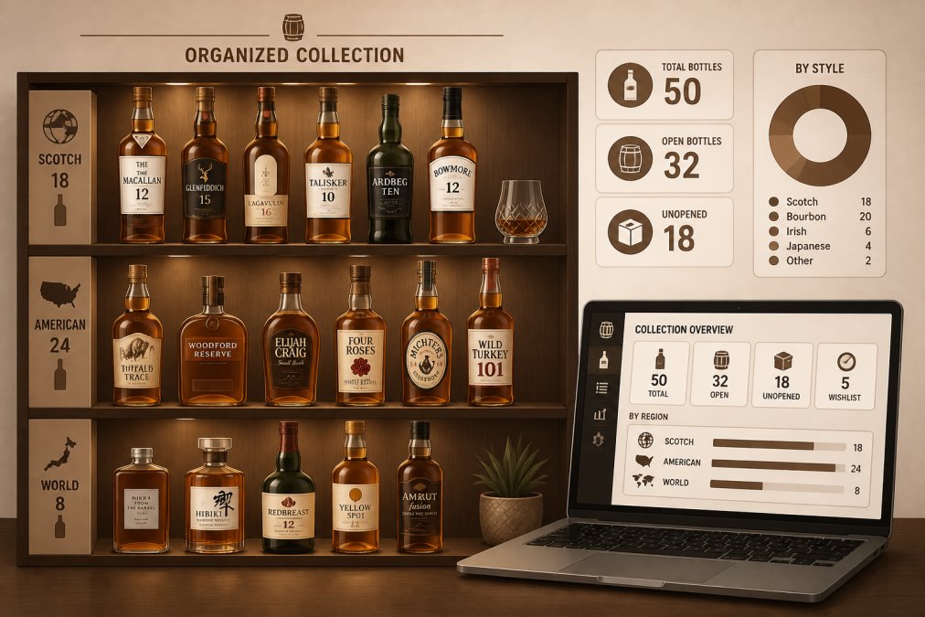 Organized home bar shelf displaying diverse whiskey bottles with visible labels, organized by region and style, with a laptop nearby showing an inventory management app interface with collection data