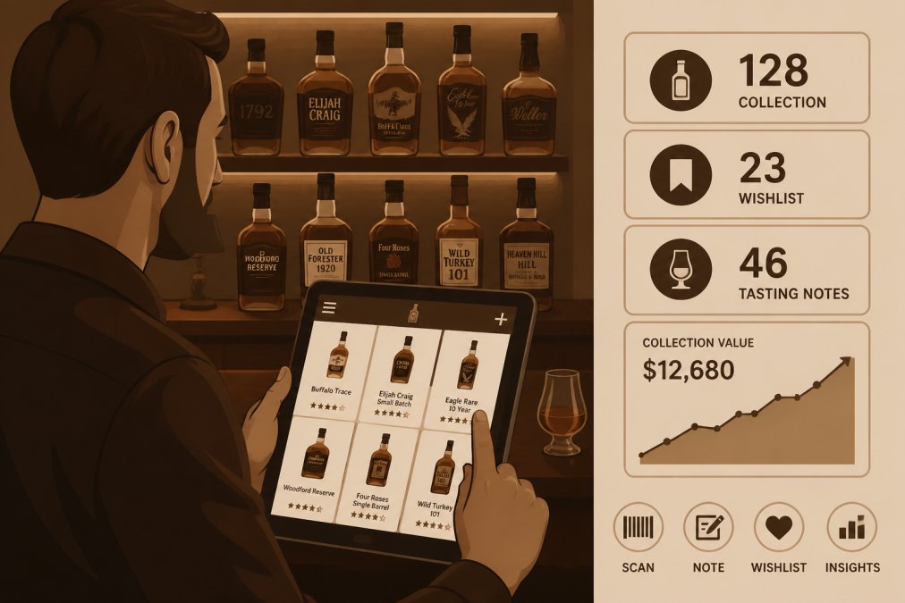 Whiskey collector using a tablet to log bottles in their home bar, with shelves of whiskey bottles visible in soft ambient lighting