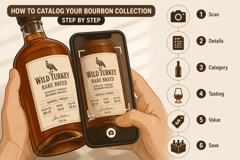 Close-up of hands scanning a whiskey bottle label with a smartphone camera, showing the label clearly under natural light