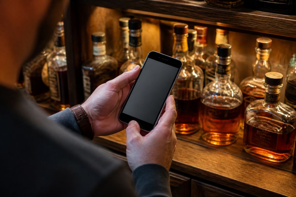Close-up of a person's hands holding a smartphone displaying a whiskey collection app interface, with several bourbon bottles arranged on a wooden shelf in warm amber lighting in the background