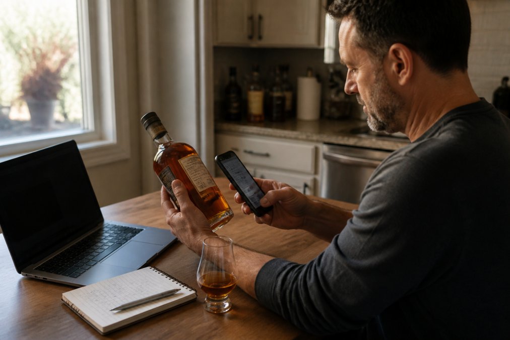 A whiskey enthusiast sitting at a kitchen table with a laptop open, scanning a bourbon bottle label with a smartphone while handwritten tasting notes and a glass of amber whiskey sit nearby, warm natural light from a nearby window