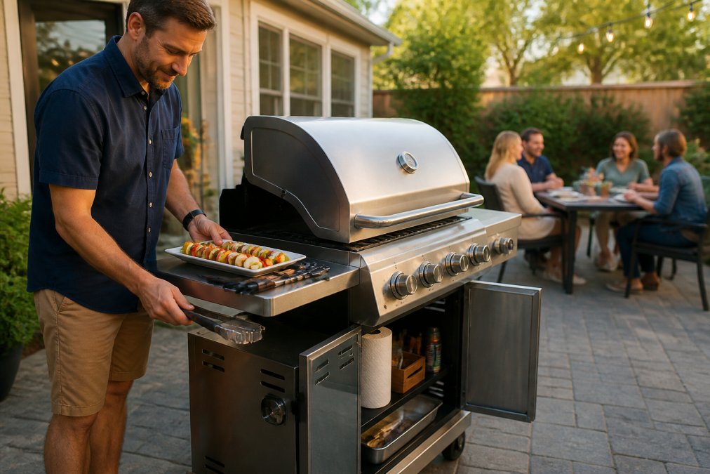A host loading skewers onto a freestanding gas grill while guests sit at a table on a backyard patio