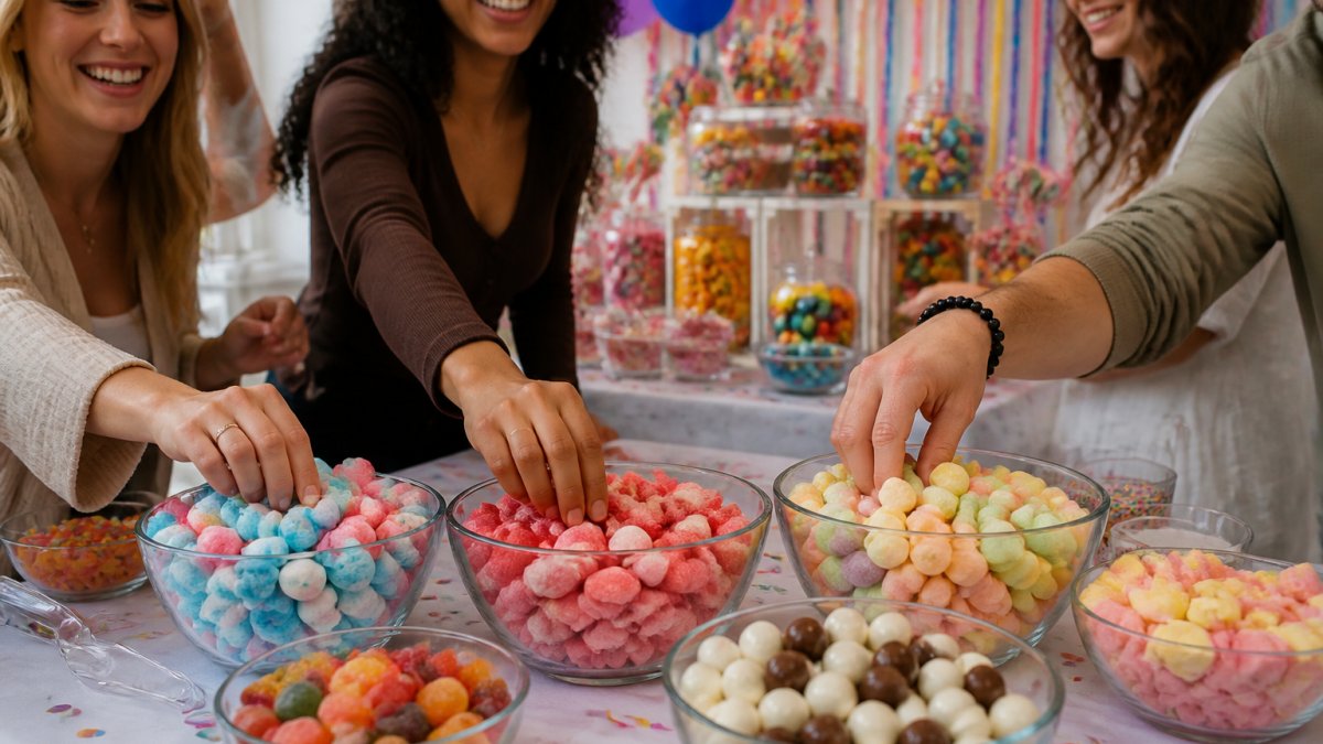 A colorful party table with bowls of freeze-dried candies in bright hues, guests reaching for crunchy treats, festive decorations and a candy bar setup in the background