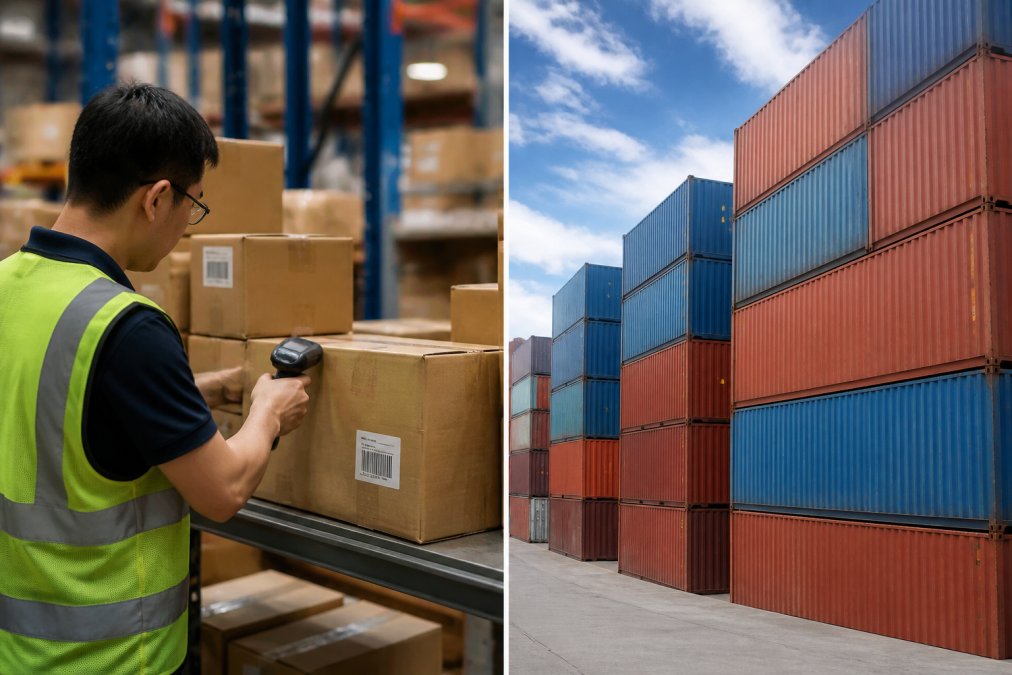 Warehouse worker scanning freight packages with barcode reader in organized fulfillment center, containers stacked in organized rows with professional lighting