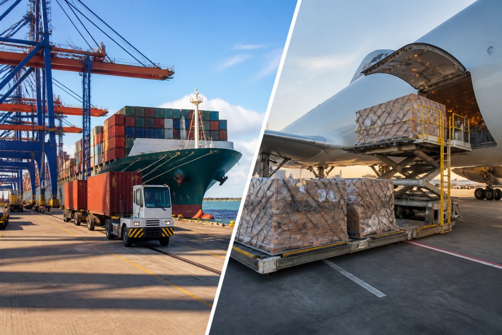 Cargo containers stacked at port terminal with container ship in background, professional port operations visible with organized dock loading area in daylight