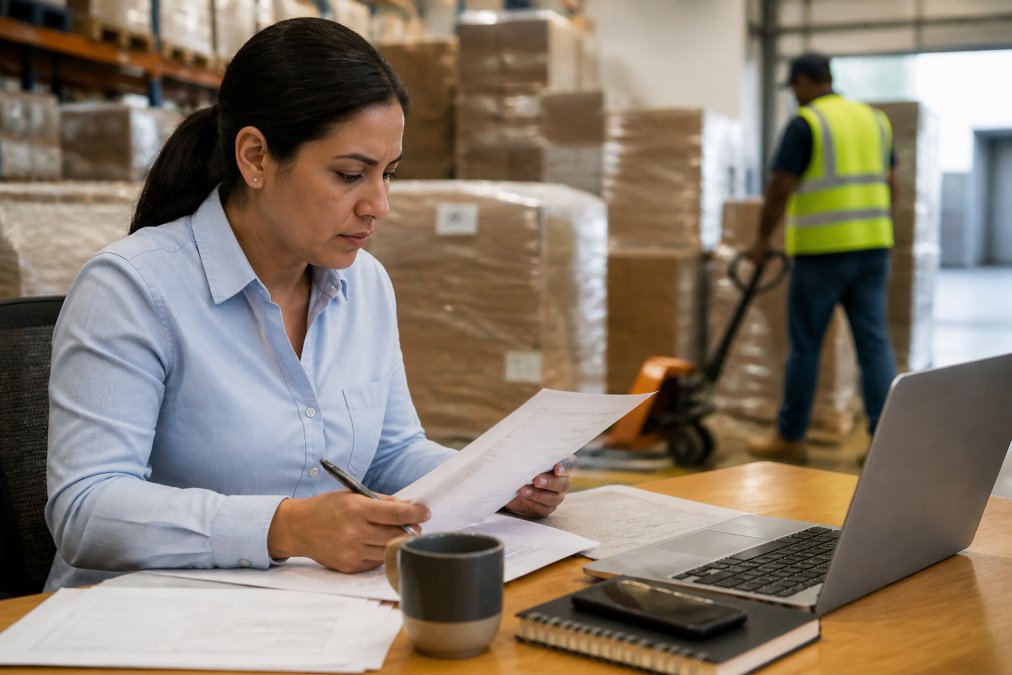 Logistics manager reviewing freight forwarding documents and tracking data in a warehouse office dashboard