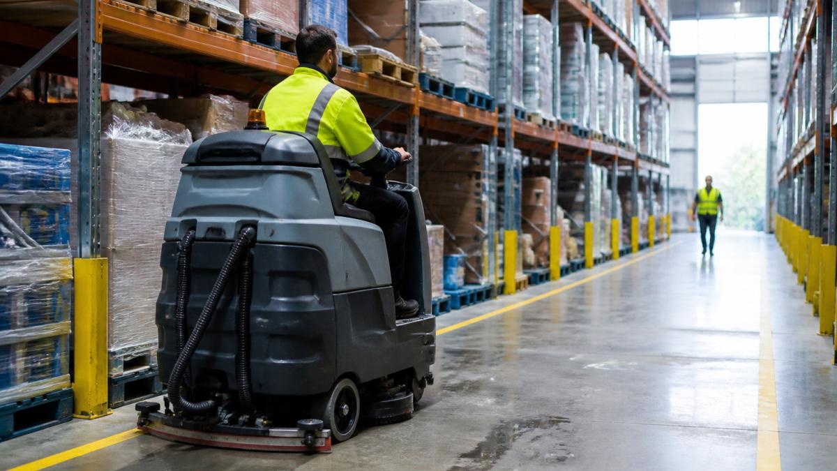 A ride-on industrial floor scrubber moving down a marked walkway in a large warehouse, with a worker in high-visibility clothing guiding it past racking stacked with pallets