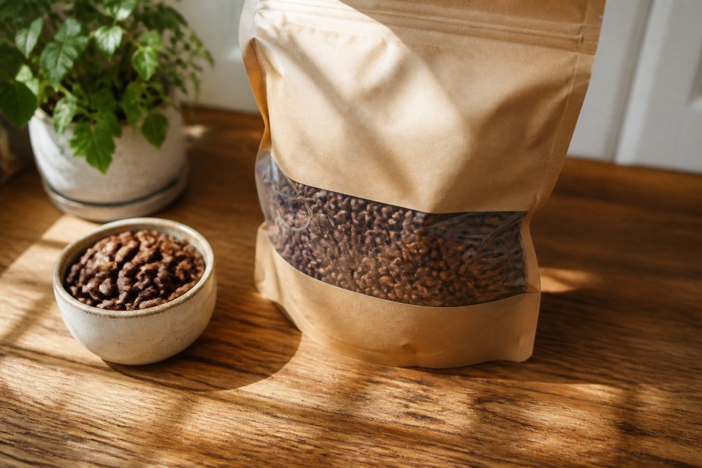 Close-up of freshly roasted whole coffee beans in a sealed kraft bag with roast date clearly visible, morning sunlight streaming across the table creating warm highlights on the beans