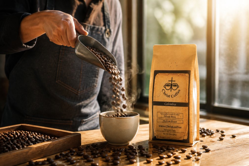 Professional barista pouring freshly roasted whole coffee beans into a ceramic cup, with steam rising and morning sunlight illuminating the bean texture and rich brown color variations