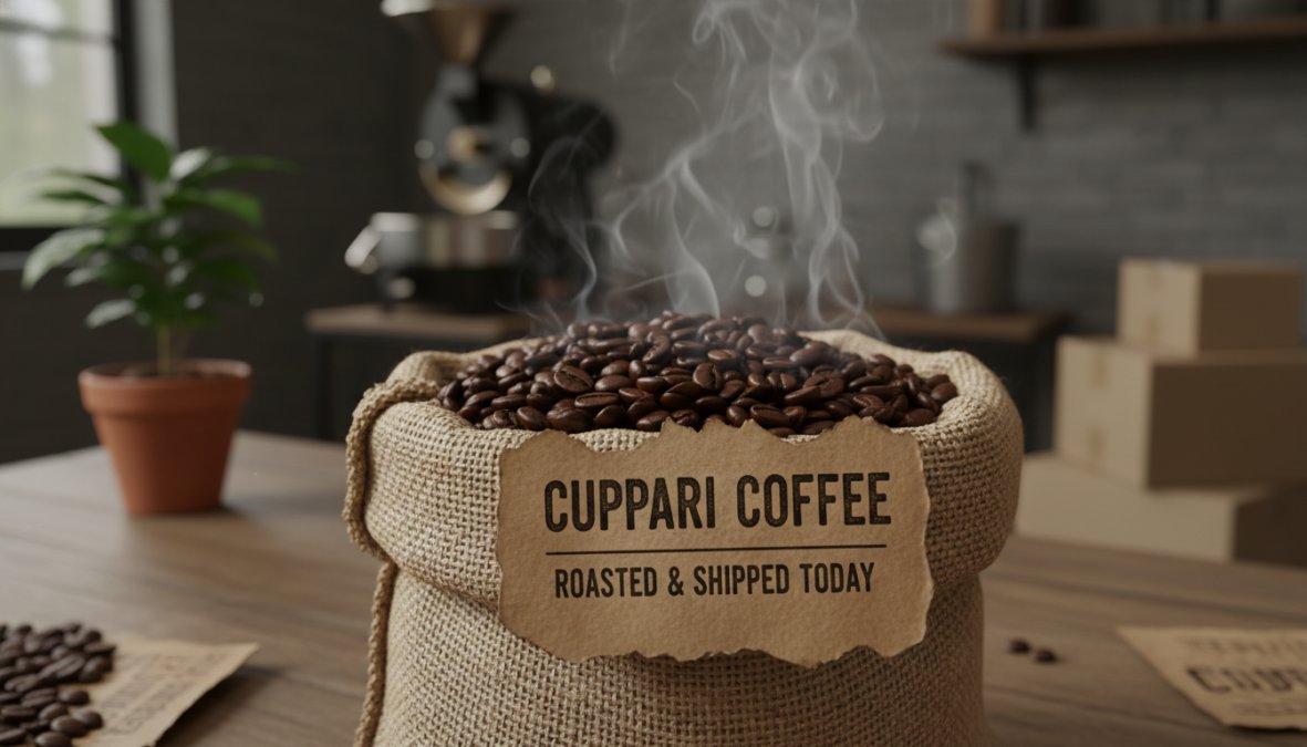Close-up of freshly roasted whole bean coffee being poured from a roasting drum into a sealed kraft paper bag on a wooden counter, warm steam rising under warm overhead lighting with a visible roast-date label