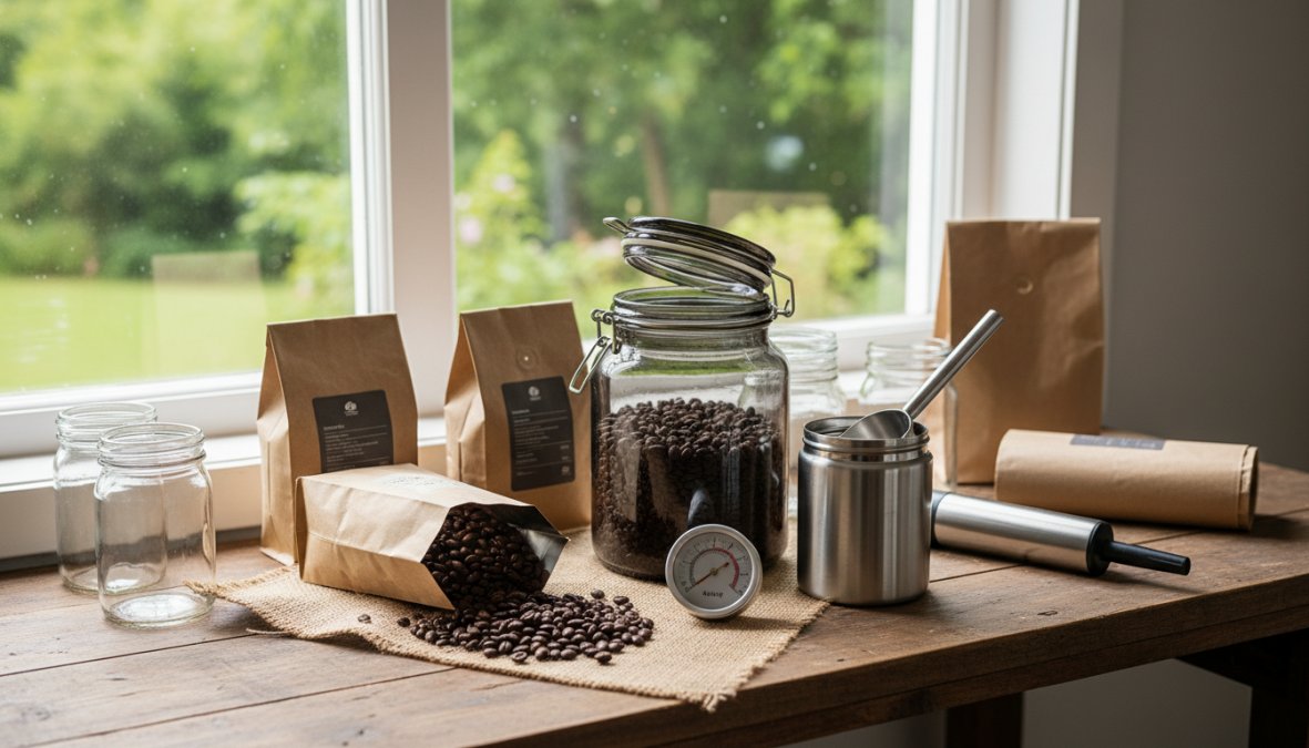 An airtight ceramic coffee canister with a one-way valve lid sitting on a clean kitchen counter beside a kraft paper bag of whole bean specialty coffee, warm natural light coming through a nearby window