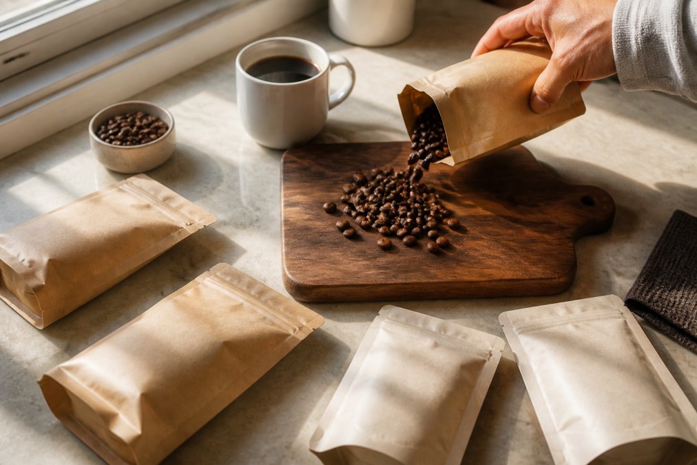 Overhead shot of a kitchen counter with several small bags of whole bean coffee, a white ceramic mug of black coffee, and a hand pouring beans from a bag onto a wooden board, soft morning window light